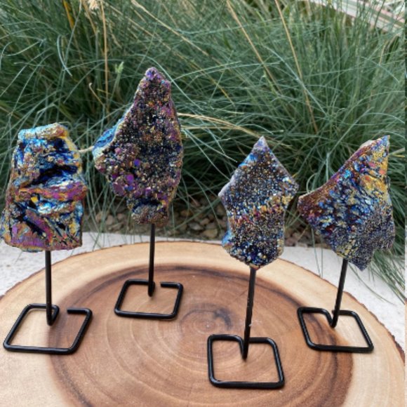 Druzy Aura Quartz on Metal Stand, Boho Decor, Harmony and Balance Stone, Healing - Picture 2 of 4